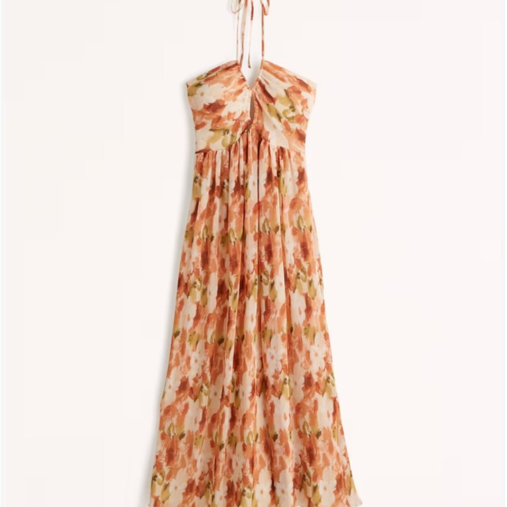 Abercrombie & Fitch Floral Halter Maxi Dress in Peach, Coral, Olive
